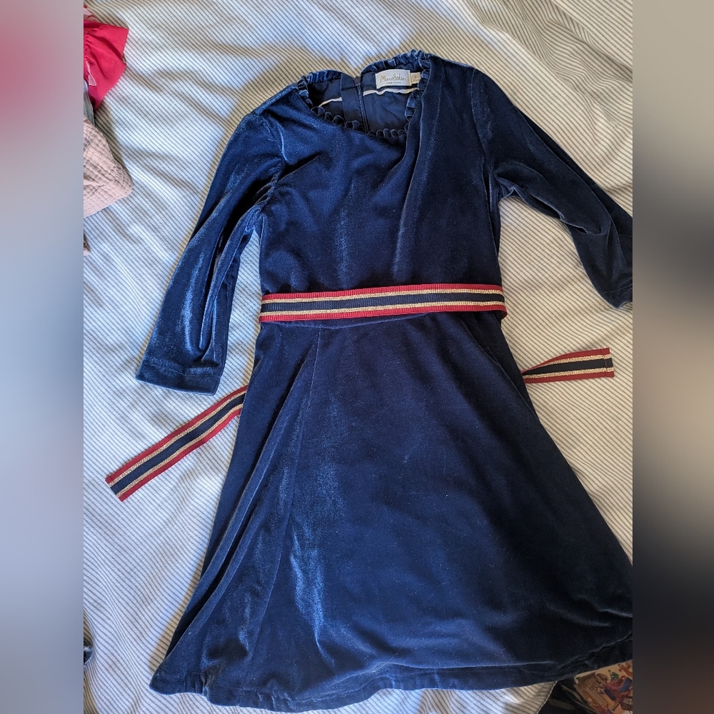 Mini Boden Navy Velvet Dress with Striped Ribbon